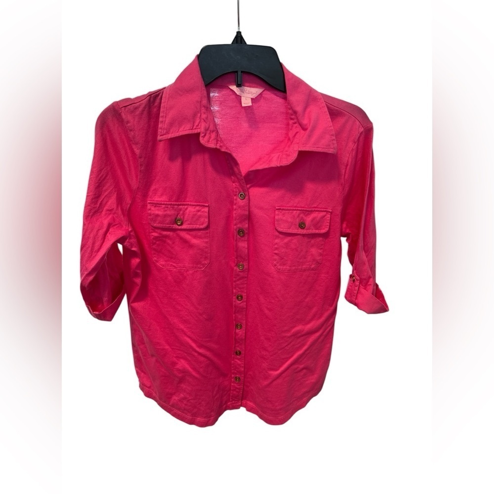 Lilly Pulitzer Cruiser Camp Shirt Button Up Pink Size Large Roll Tab Sleeves